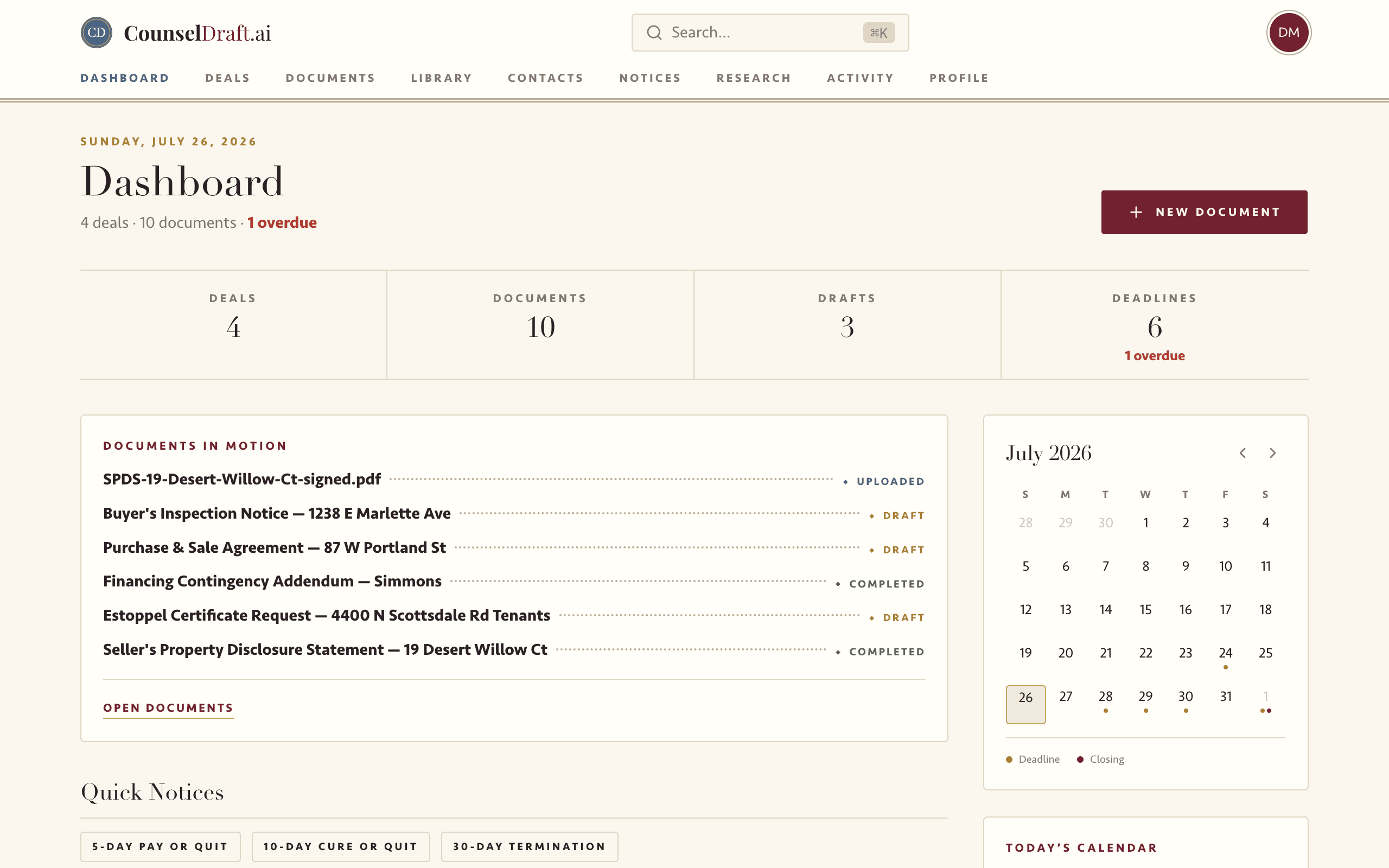 CounselDraft dashboard — deals, documents, deadlines, and the month calendar